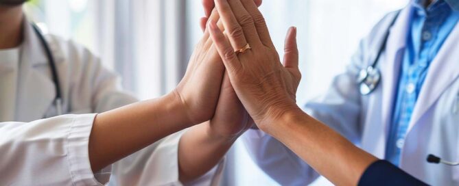 Mani di pazienti e dottori che si toccano in segno di intesa e cooperazione